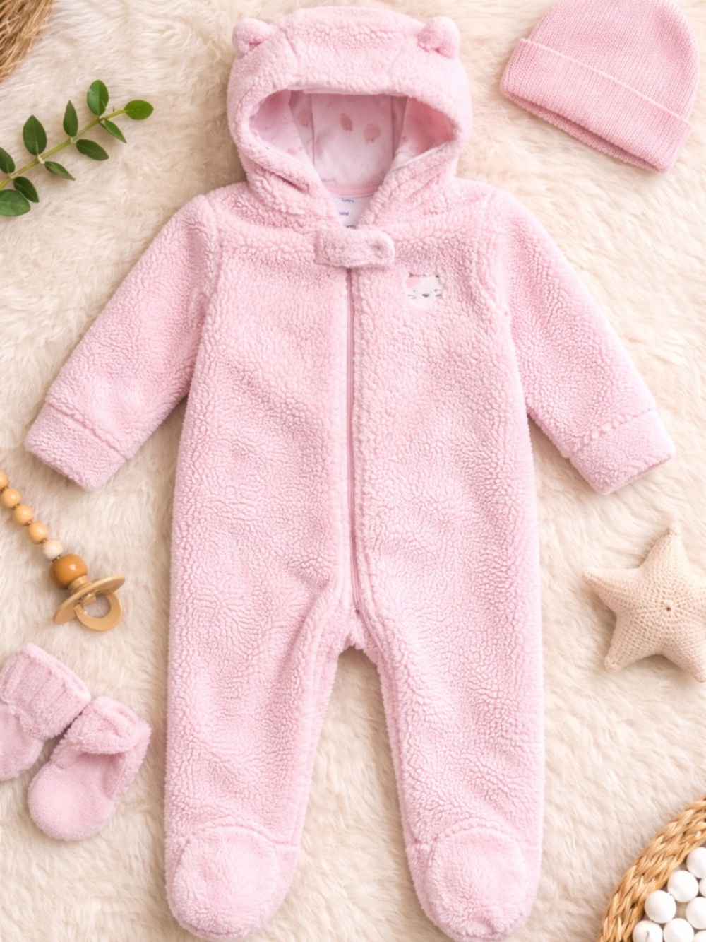 Carter’s | Pink Sherpa Baby Snowsuit | Bear Ear Hoodie | 9 Months Cozy Fleece
